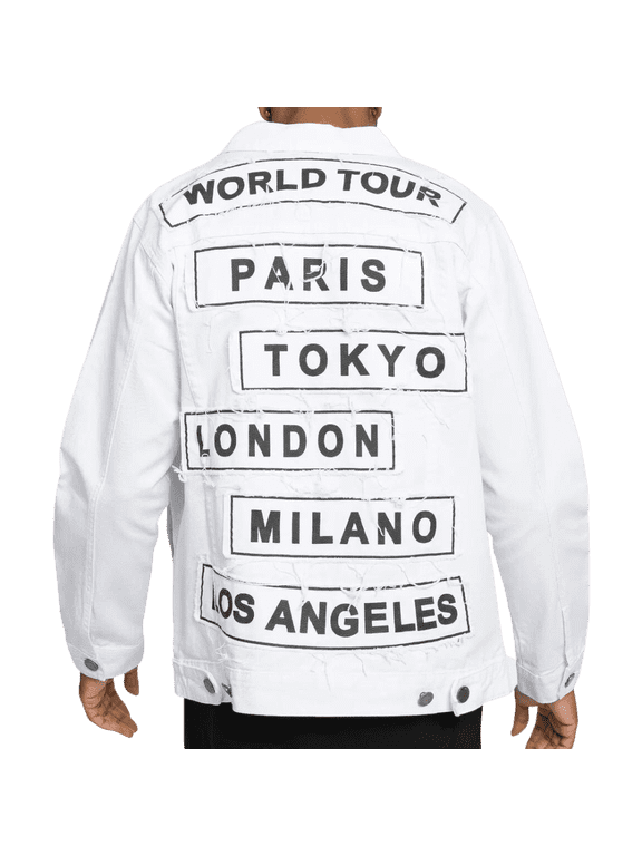 Mens Denim Jacket White with Black Print World Tour Paris Tokyo London Milan LA