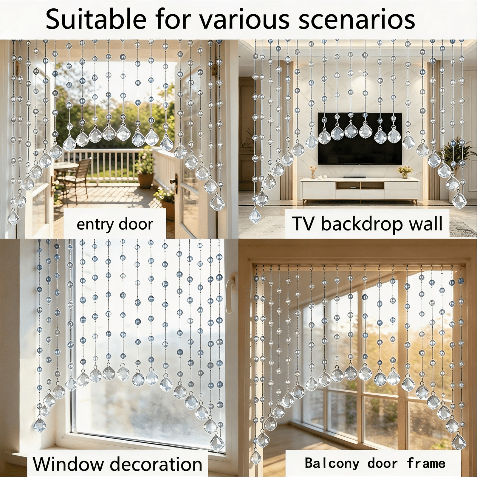20-Strand Crystal Beaded Curtain, Multicolor Acrylic Arched Room Divider with Rainbow Beads for Bedroom, Living Room, Cafe