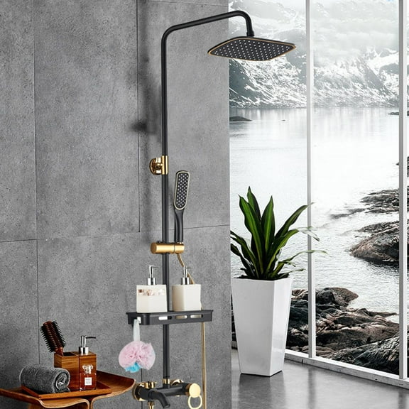 8'' Black Bathroom Brass Rainfall Shower Faucet Set Tub Mixer Tap with Hand Spray for Homes, Hotels