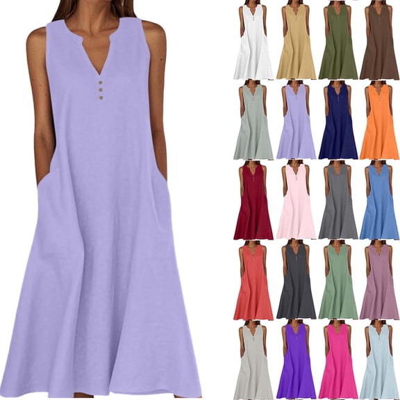 DYTTDG Women's Notch V Neck Sleeveless Midi Dress, Solid Linen Blend Loose Casual Long Dress with Side Hand Pockets for Summer