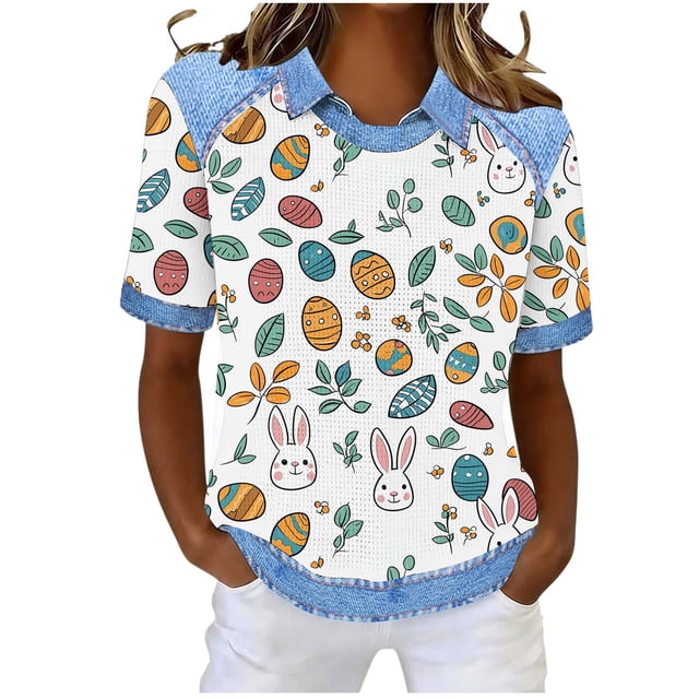 Camiseta de Solapa de Cuello Redondo de la Impresión Casual de Pascua No Posicionamiento, Tops de Cuello Redondo para las Mujeres Suaves Transpirables