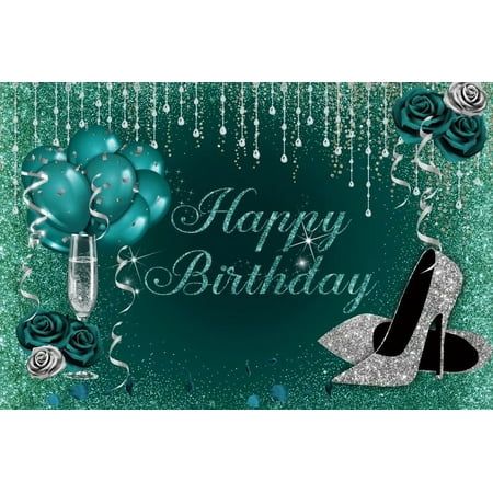 Image of Turquoise Happy Birthday Photocall Backdrop Shiny Diamond High Heels Rose Girl Woemn Customized Photography Background