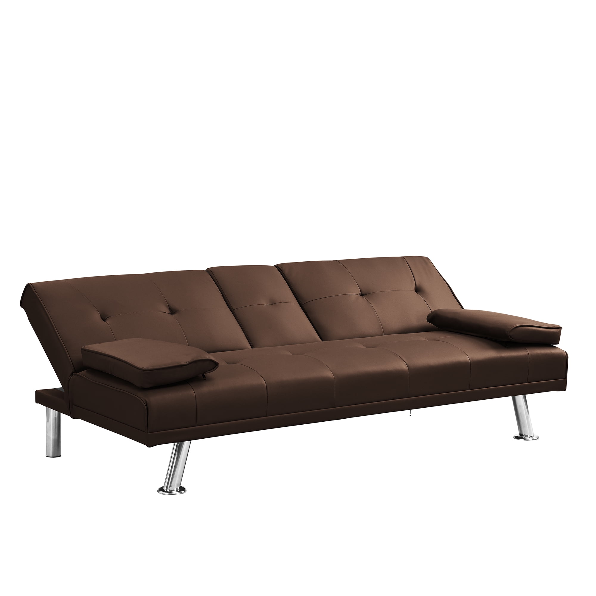 Leather Futon Sofa Bed Convertible Folding Couch Modern Faux Leather with Cupholders and Pillows