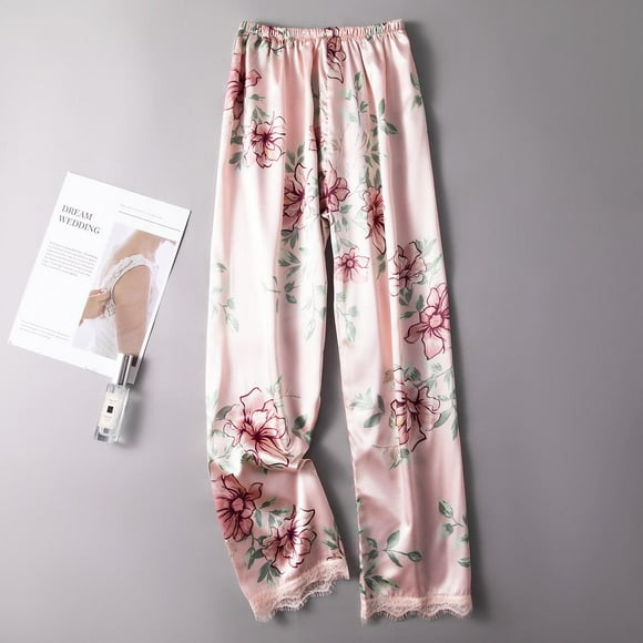 RWJDXD RWJDXD Women Sleep Bottoms Print Satin Home Wear Pijamas Lounge Trousers Sleepwear Elastic Waist Pajamas Long Pants Lingerie Nightwear loose