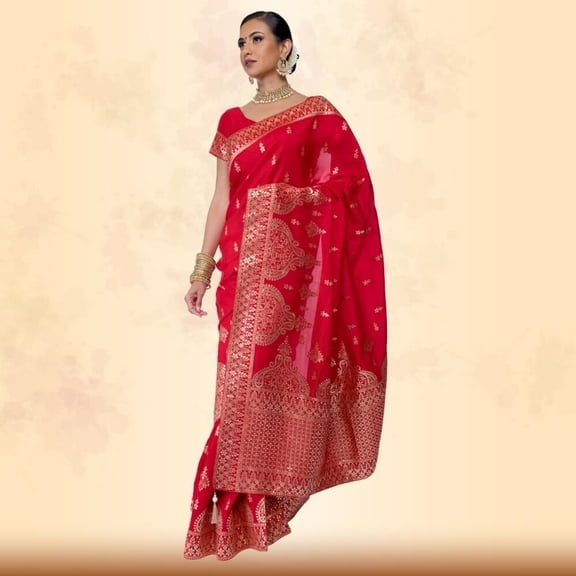 Red Banarasi Silk saree with Gold gota patti print Size: XXS, Color: Red