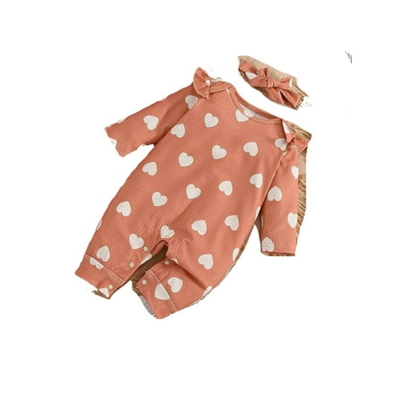

Heart print Round Neck Tee Long Sleeve Coral Orange Baby Jumpsuits (Baby s)