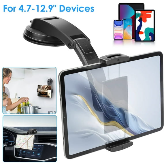 TSV Dashboard & Windshield Car Mount Holder for Phone/Tablet, 360°Adjustable Fit for 4.7-12.9" iPad, iPhone Samsung, Black