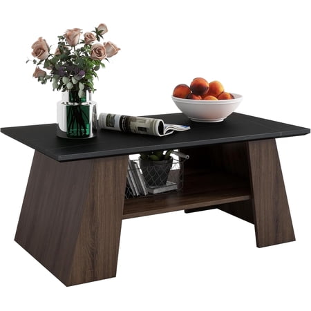 LAZZO Coffee Table TeaTable Mesa De Centro Modern Rustic Center table with 2 Tiers Storage Shelves Middle Table for living room Small Coffee Tables for Small Spaces Home Office Black Marble and Brown