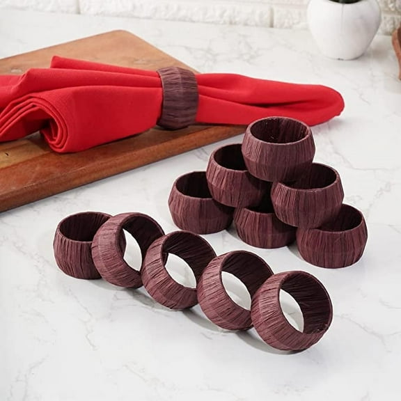 Ajuny Set of 12 Napkin Ring Brown Raffia Round Decorative Holders for Table Decor Dinner Wedding Party