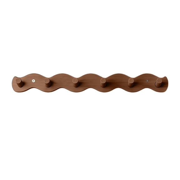 Brown Wall-Mounted Hook Rack With 6 Hooks, Wave Design Wooden Coat Hanger For Entryway, Bathroom & Living Room