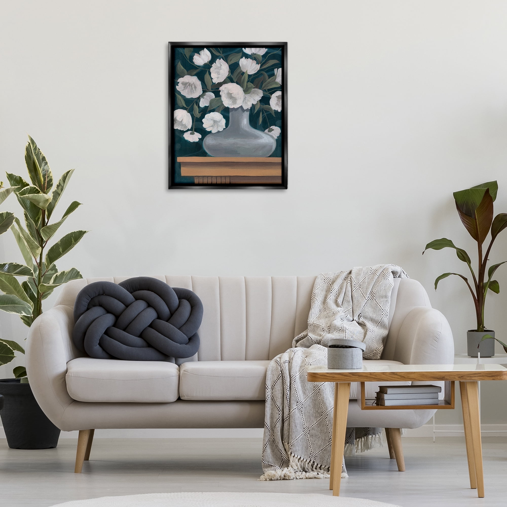 Stupell Industries White Flowers in Round Vase Plants & Flowers Painting Black Floater Framed Canvas Art Print Wall Art, 25 x 31