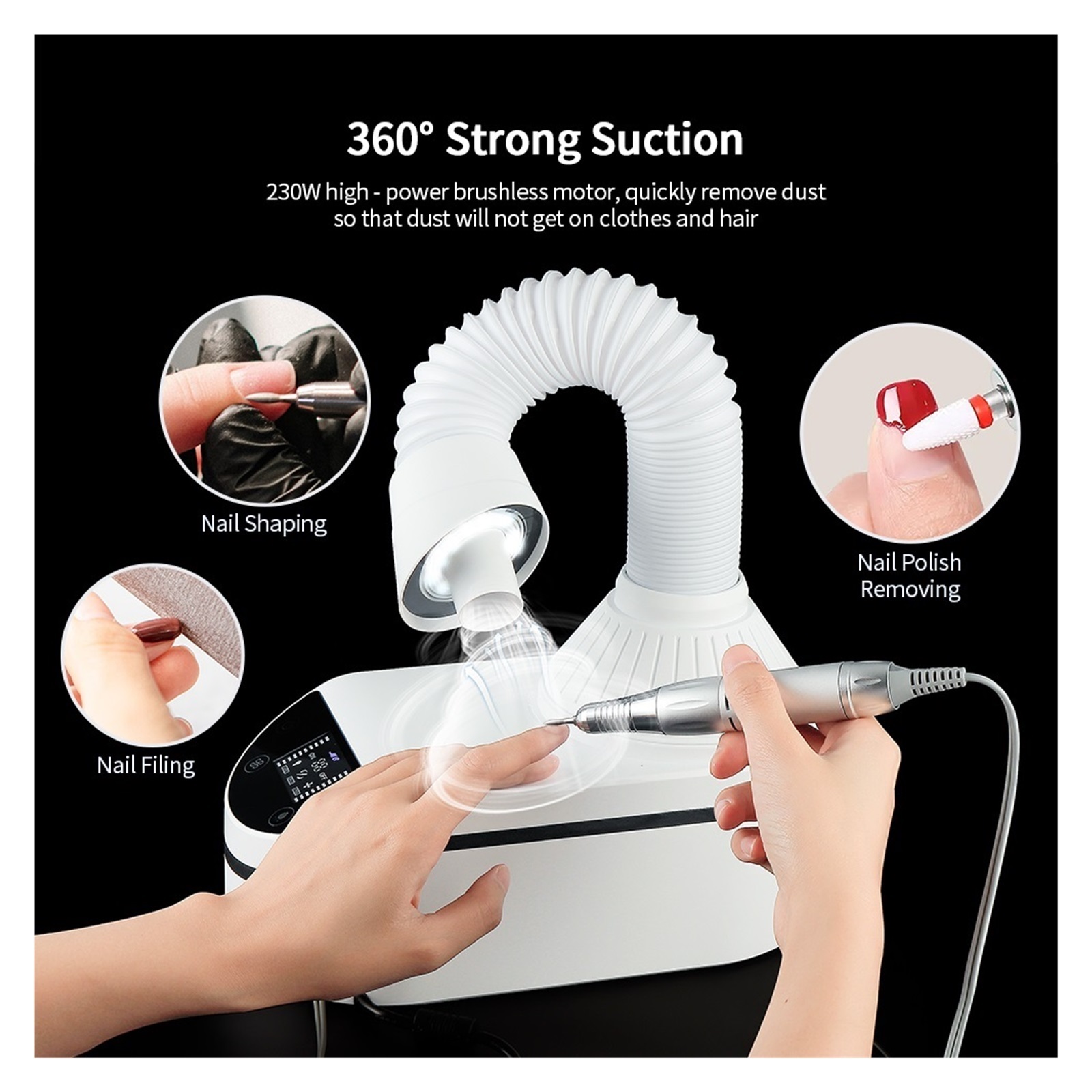 230W Strong Suction Nail Vacuum Cleaner LED Nail Dust Collector 35000RPM Nail Drill Pen Fast Nail Polish Removal Nail Art Tools