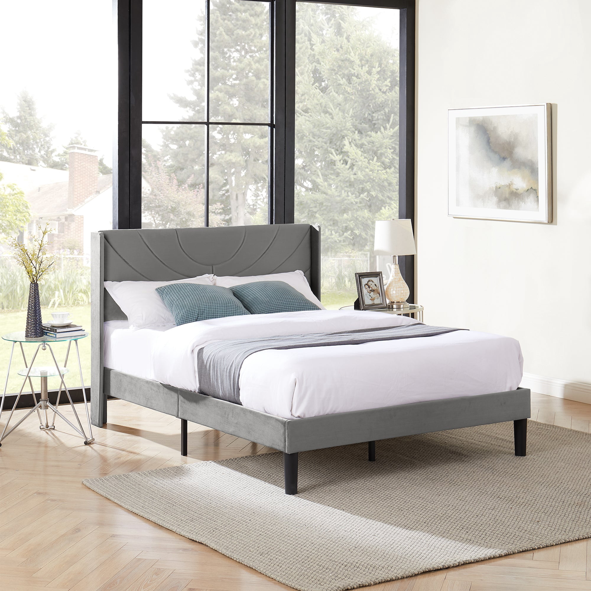 VECELO Upholstered Platform Queen Bed Frame with Fabric Headboard,Wooden Slats Support/No Box Spring Needed/Mattress Foundation,Dark Gray