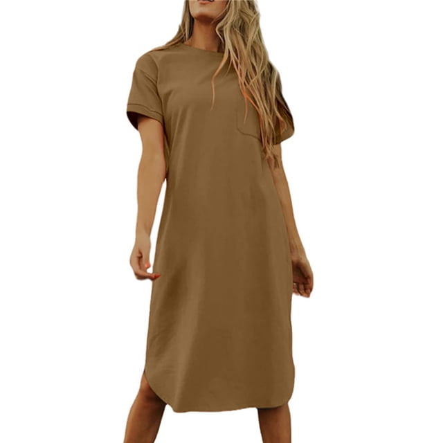 Yuyuzo Robe d'Été pour Femmes à Manches Courtes, Col Ras du Cou, T-Shirts Basiques Unis, Robe Midi Décontractée avec Poches