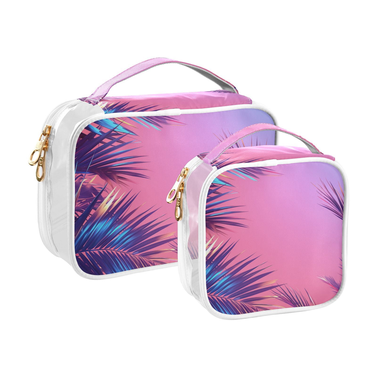 Clear Makeup Bags with Handle Large Opening 2 Pack Set Toiletry Bag Quart Size Bag, for Women Man Traveling Travel Essentials, Toiletries and Other. Neon Color Tropical Plant