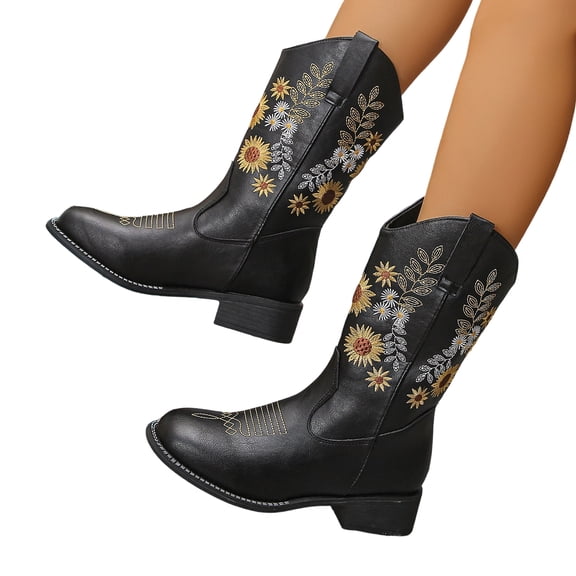 SACFOF Cowboy Boots for Women - Mid Calf Western Sunflower Cowgirl Boots with Floral Embroidery, Square Toe Stitched Pull On Retro Design, Perfect for Country Idyll, Concerts and More