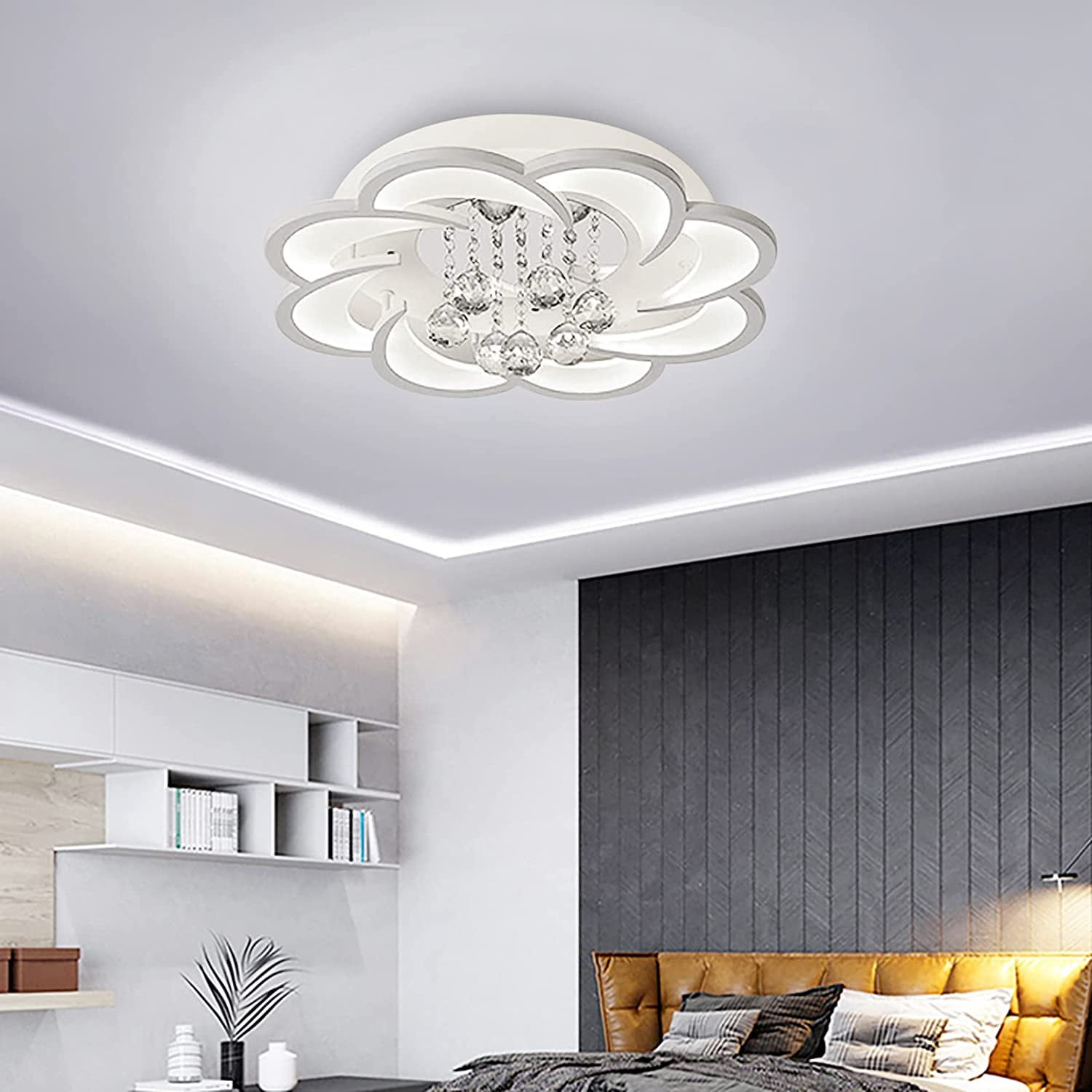 Modern LED Chandelier Fixture Acrylic Crystal Flush Mount Ceiling Lighting Flower Shape Close to Ceiling Lights for Living Room Dining Room Bedroom (Cold Light 52cm)