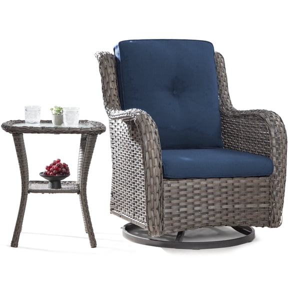 MeetLeisure 2 Piece Wicker Patio Furniture Set, Swivel Rocker Chair with Side Table, High Back, Deep Seating, Wide Armrest, Thick Cushions for Deck Porch, Dark Blue