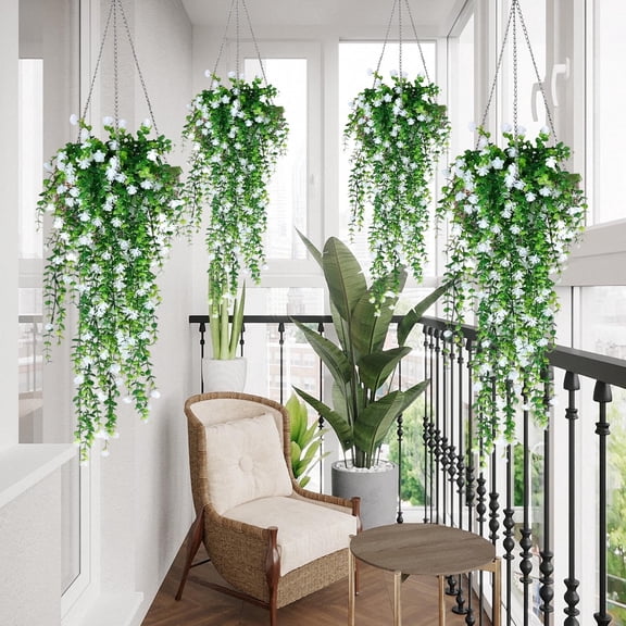 XIBUFE 4Pc Artificial Fake Hanging Flowers Plants Baskets for Outdoor Hanging Baskets,Home Garden Decor for Outdoor Garden Yard Pouch Patio Artificial Outdoor Flowers