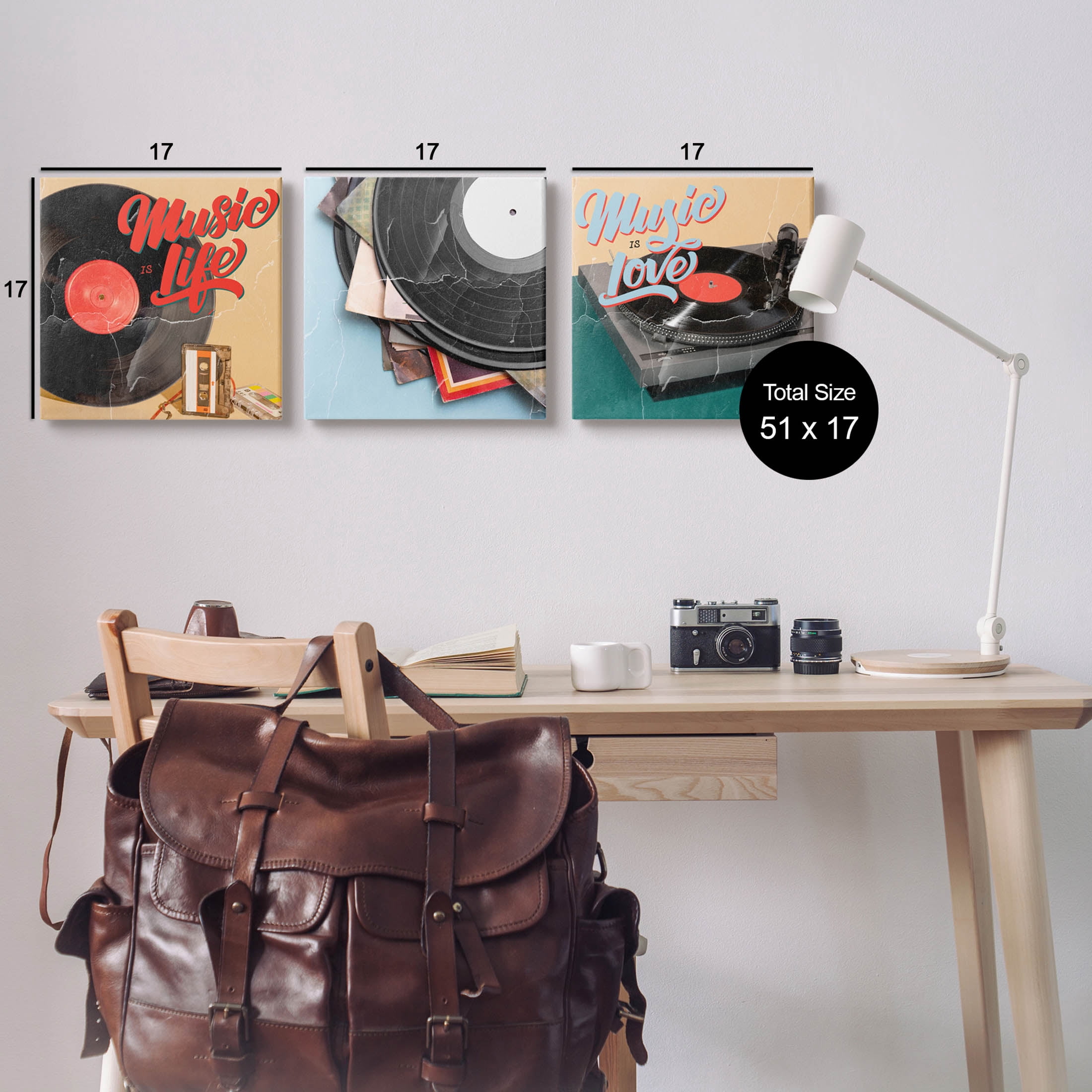 Music Is Love Life Vintage Turntable Inspirational Graphic Art Gallery Wrapped Canvas Print Wall Art, Set of 3
