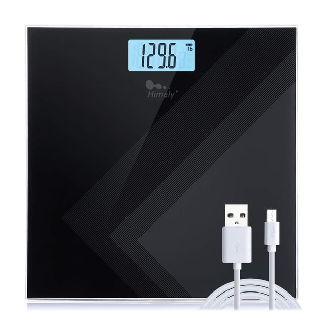 Báscula digital Himaly, báscula de baño recargable por USB con tecnología Step-On, pantalla retroiluminada, capacidad de 180 kg (400 lb), vidrio templado de 6 mm