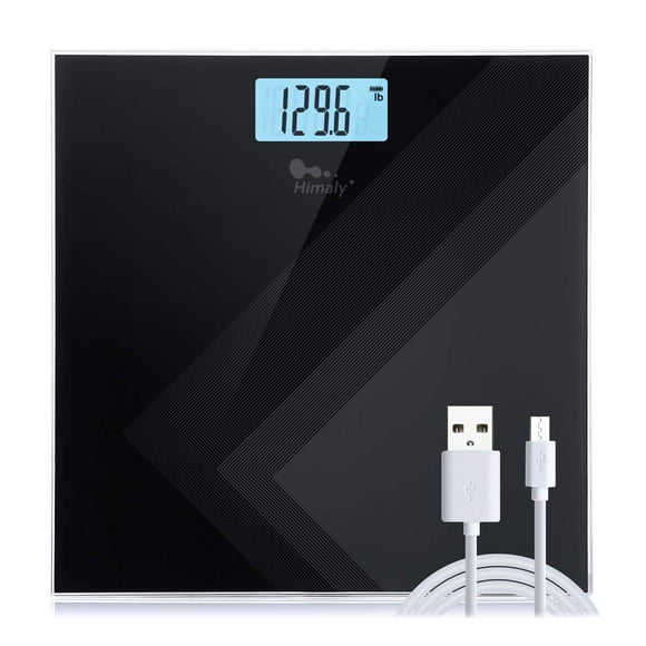 Báscula digital Himaly, báscula de baño recargable por USB con tecnología Step-On, pantalla retroiluminada, capacidad de 180 kg (400 lb), vidrio templado de 6 mm