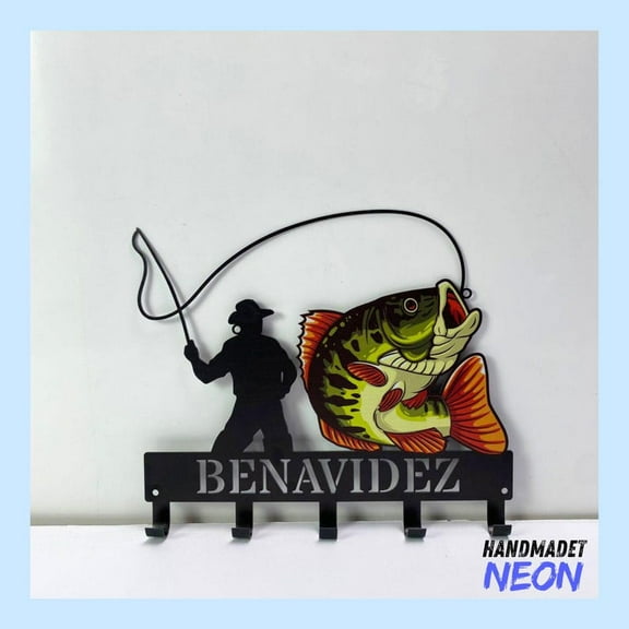 Handmadetneonsign Bass Fishing Coat Rack Wall Hanger, Fisherman Metal Wall Hooks, Fishing Keys Holder Home Decor 78548