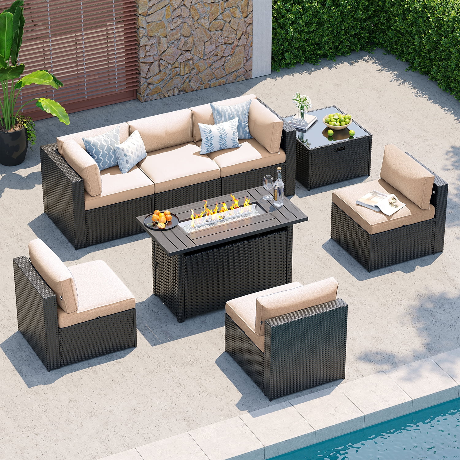 Clouddwell 8-Piece Patio Furniture Set With Fire Table On Sale, Black Rattan Wicker Outdoor Sectional Sofa Couch with Table Patio Conversation Set for Lawn& Backyard, Beige