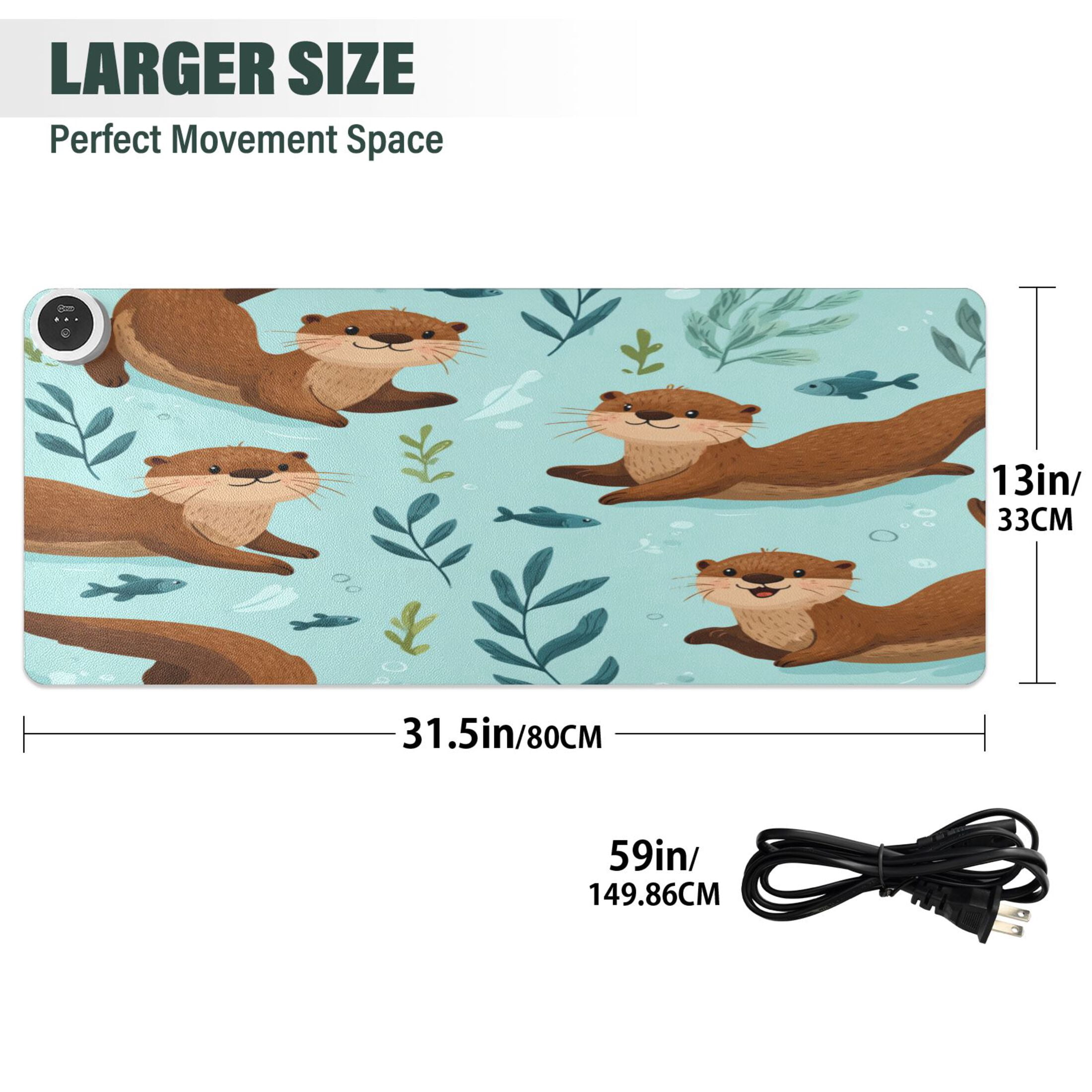 Large Heated Desk Mat Mouse Pad 31.5"x13"PU Leather Graphene Heating Desk Warmer with 3 Temperature Settings 110V US Plug Non-Slip Warm Pad for Home, Office, and Gaming Happy Otter Underwater Art