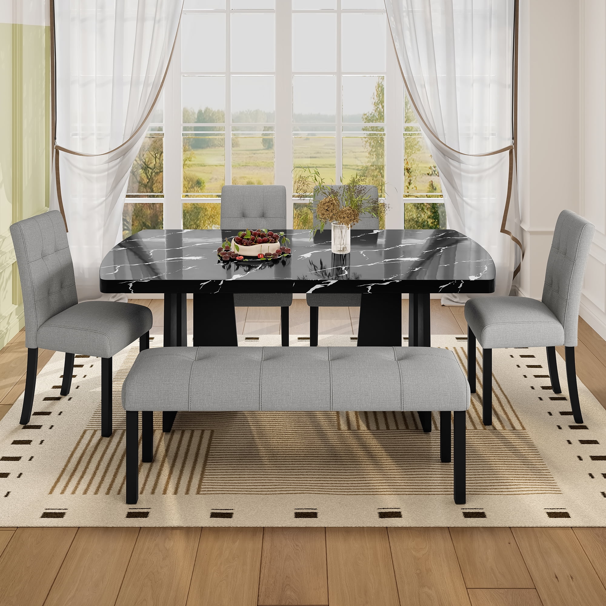 Euroco 6 Piece Dining Table Set for 6, 63" Modern Faux Marble Kitchen Table & 4 Upholstered Chairs Set with Solid Wood Frame and 1 Bench,Suitable for Dining Room,Home,Black + Gray
