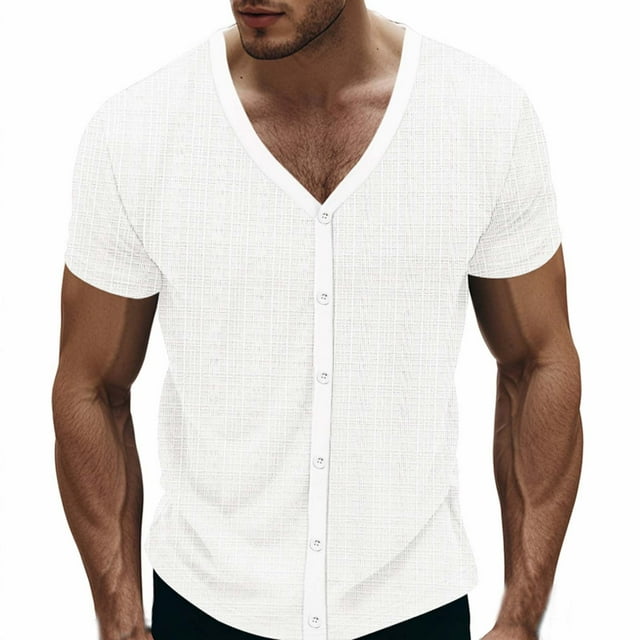 pstuiky Camisa de manga corta para hombre, Camisa de manga corta con cuello en V y botones de color liso con ventilación para hombre camisas casuales para hombre m