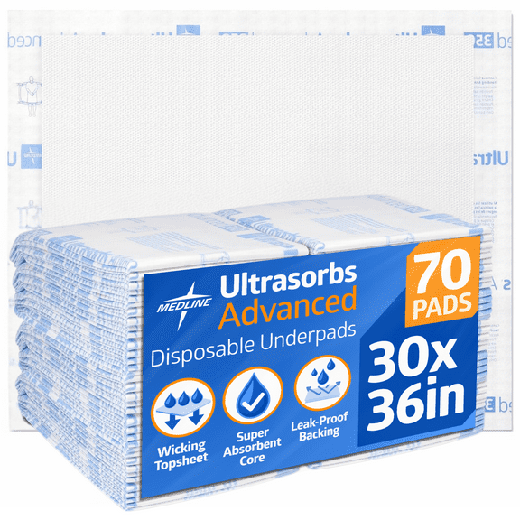 Medline Extrasorbs Extra Strong Disposable Drypads, Super Absorbent Dry Pads, White, 36" X 30", 70 Count