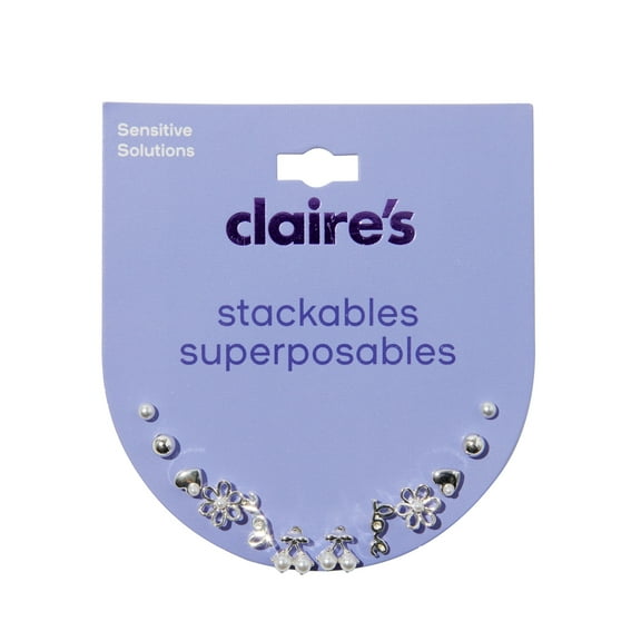 Claire's Tween Girls Stackable Silver Flower, Cherry, and Pearl Stud Earrings, 6-Pack