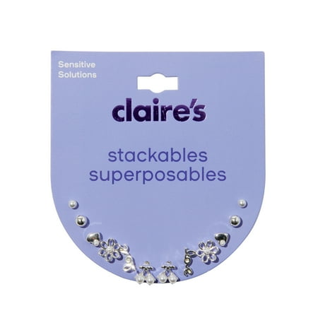 Claire's Tween Girls Stackable Silver Flower, Cherry, and Pearl Stud Earrings, 6-Pack