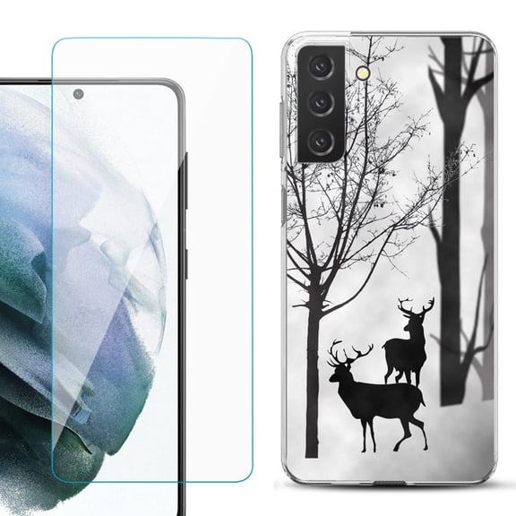 Slim-Fit TPU Fashion Phone Case for Samsung Galaxy S21 FE 5G Fan Edition, with Tempered Glass Screen Protector, by OneToughShield ® - Forest Deer