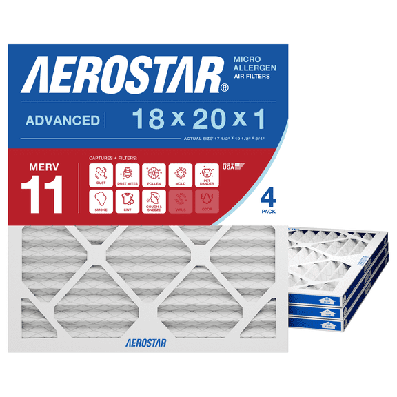 Aerostar 18x20x1 MERV 11 Pleated Air Filter, 4 Pack, Furnaces Filter, HVAC Filter