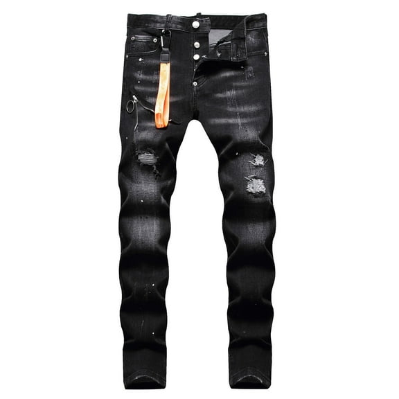 Luwomo Men's Leisure Jeans Long Wide Leg High Waist Straight Leg Washed Print Holes Splice Loose Fit Trousers Regular Denim Pants Black,44