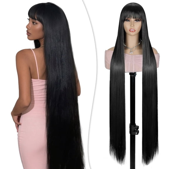 QUEENTAS 40 Inch Black Wig with Bangs Long Black Wigs for Women Synthetic Straight Hair Party Daily Wear