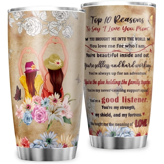 I Love You Mom 20oz Tumbler with Lid Daughter and Mom Love Flowers Travel Coffee Mugs Mother''s Day Gift from Daughter Vacuum Insulated Water Tumbler Cups