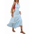 thumbnail image 4 of Women Striped Lace Patchwork V Neck Sleeveless High Waist Dress Blue S, 4 of 9