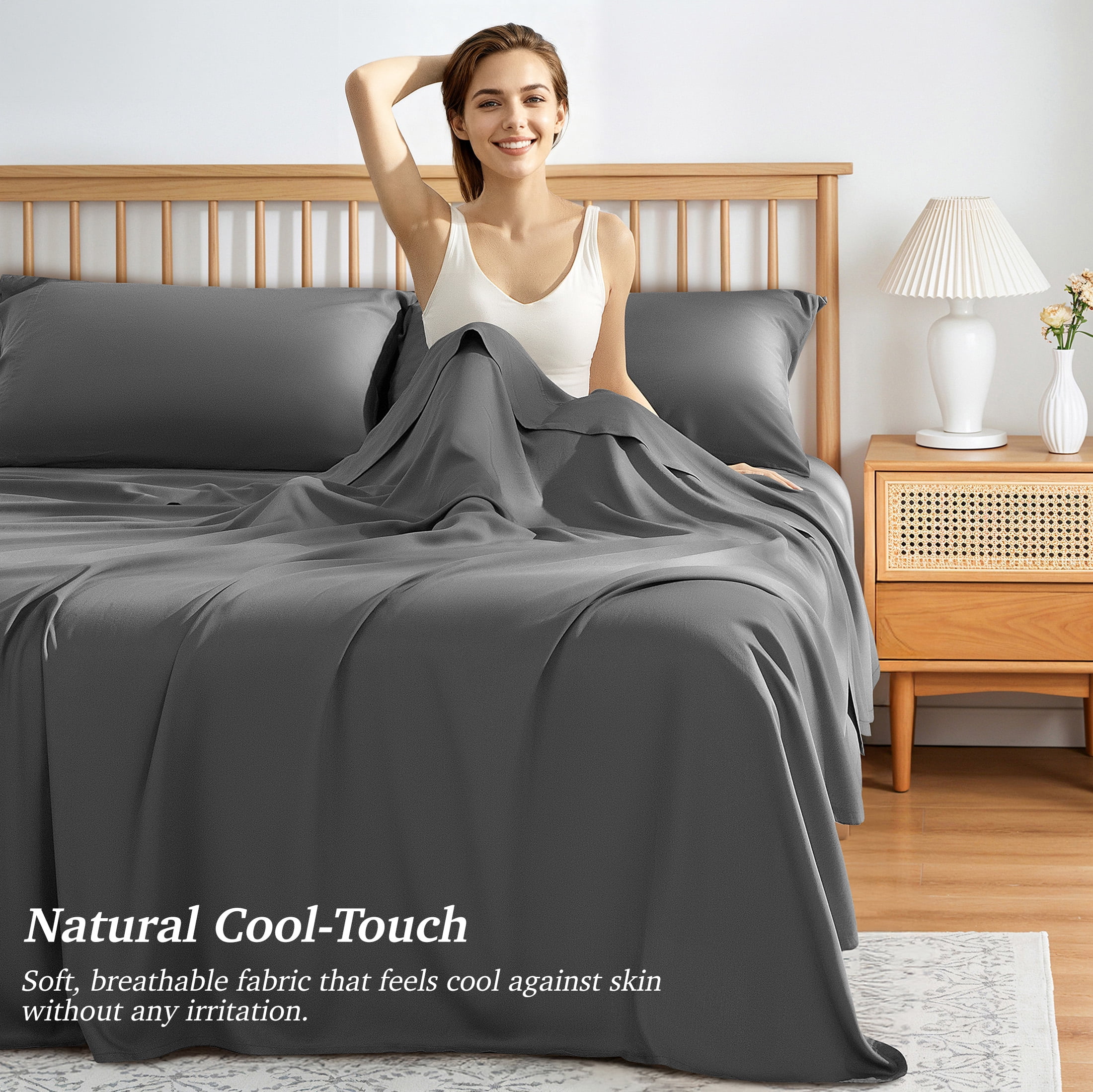 AiAngu Bamboo Full Sheet Set, Luxury Soft 4 Pieces Bed Sheets with 18" Deep Pocket, Dark Gray