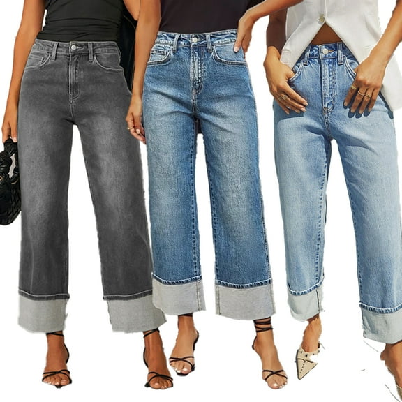 LYMAYTER Women Fashion Jeans High Waist Baggy Cuffed Jeans for S-2XL Vintage Straight Wide Leg Cropped Denim