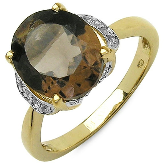 Genuine Oval Smoky Topaz and White Topaz Ring in 14k Yellow Gold Plated Sterling Silver - Size 8.00