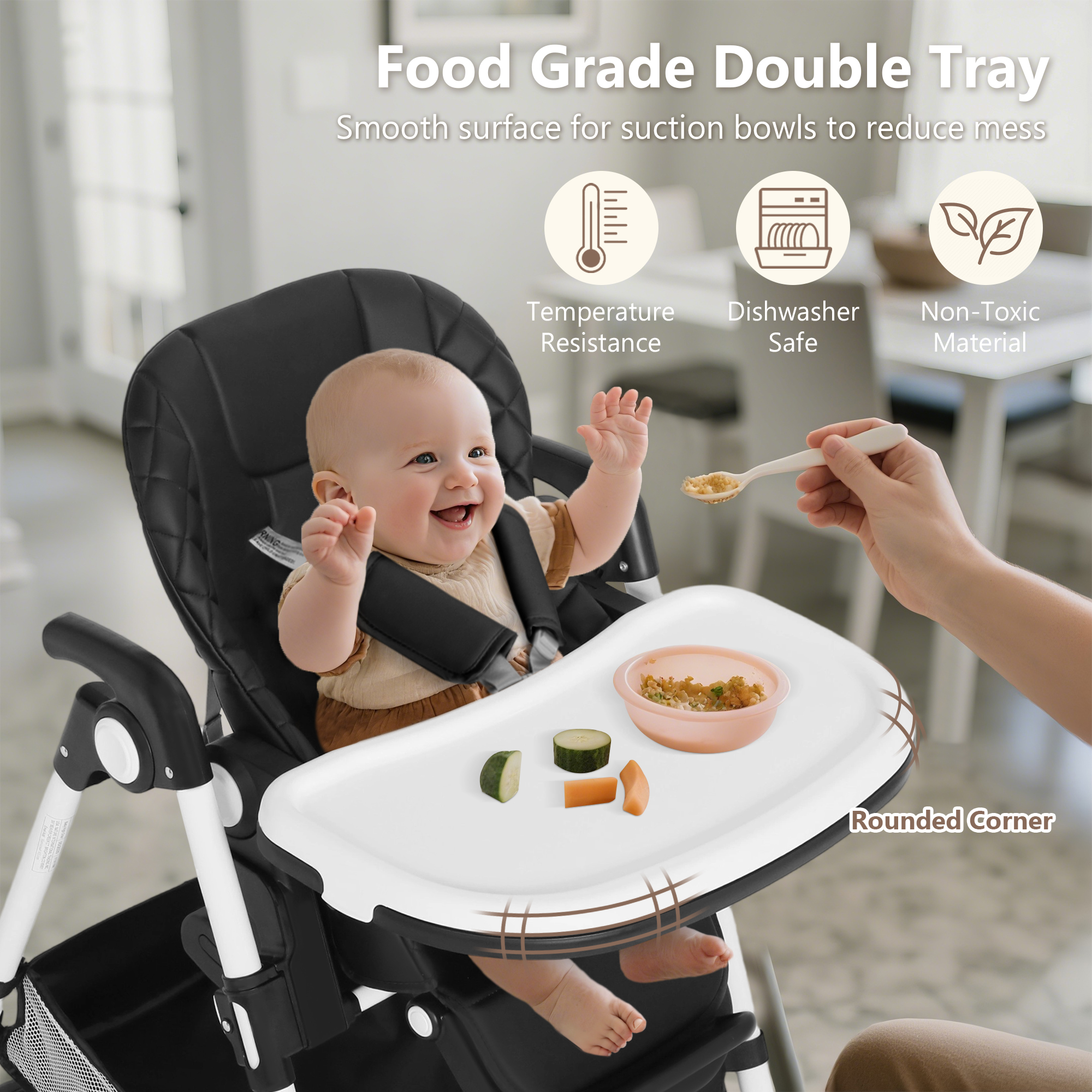 LINLUX Foldable Baby High Chair, Adjustable Feeding Chair for Toddler w/Removable Double Tray, Black