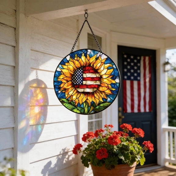erdimoy Stained Glass Sunflower American Flag Wooden Welcome Sign For Front Door,12 Inch Round Hanging Wall Sign Plaque Farmhouse Decorations
