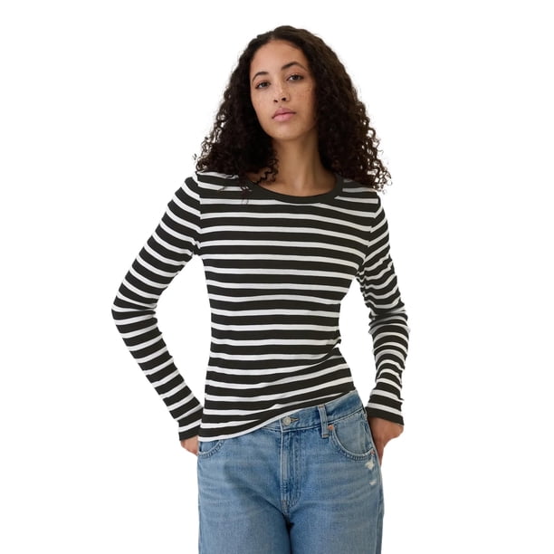 Camiseta GAP de manga larga con cuello redondo y rayas negras y blancas XXL