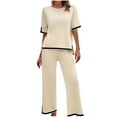 thumbnail image 1 of AherBiu Ensemble de Pulls 2 Pcs pour Femmes Hauts à Manches Courtes Tricotés avec Pantalons Fendus Tenues de Printemps, 1 of 7