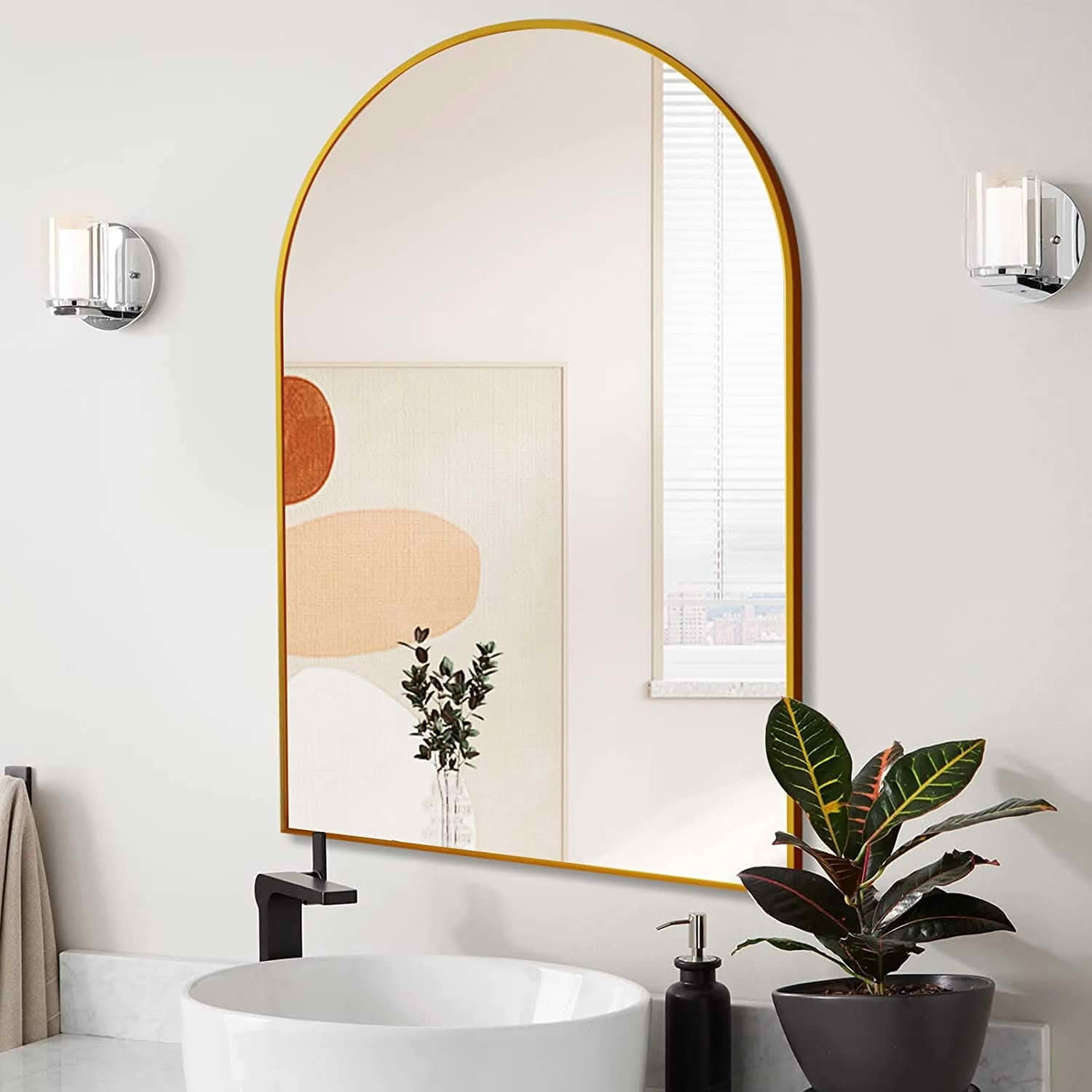 MAYEERTY 24x36 Inch Gold Metal Framed Arched Bathroom Wall Mirror, for Bathroom Vanity Area