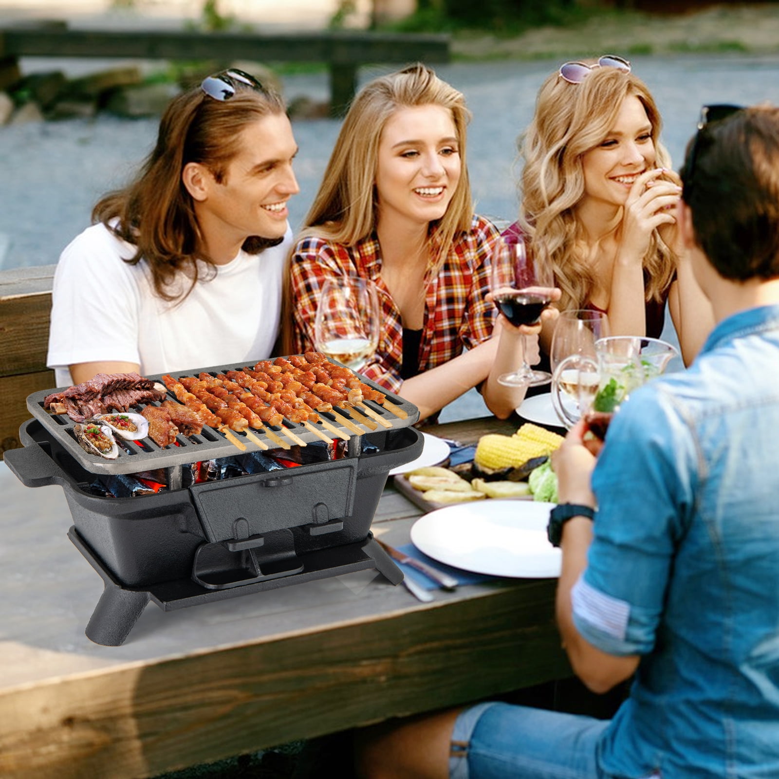 Topbuy Portable Heavy Duty Cast Iron Charcoal Grill Tabletop BBQ Stove with Double-sided Grilling Net for Camping