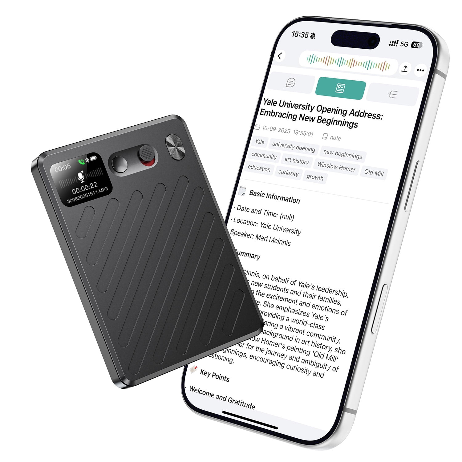 AI Voice Recorder, Real-Time Transcribe & Summarize, Real time translation of audio and video, Noise Cancellation Technology, 132 Languages, 100H Continious Record, for Meetings, Lectures, Calls 64GB
